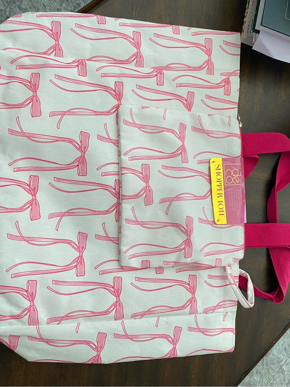 Cotton Canvas Pink Bow Print Tote with Matching Pouch